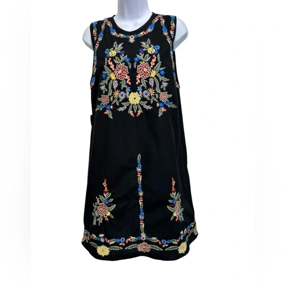 Free People Black Floral Embroidered Black Dress Medium